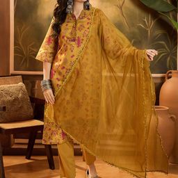 Sangria Floral Printed V Neck Chanderi Silk Kurta With Trousers And Dupatta-58