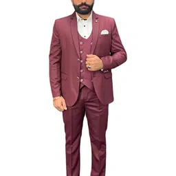 GARGIAN Master Cut Men 3 Piece Maroon Solid Blazer and Waistcoat with Trouser Suits-picture-34