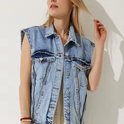 Happiness istanbul Women Washed Longline Denim Jacket Patchwork-49