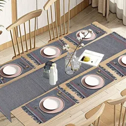 PRAKARTIK 7 Pieces Black & White Ribbed Cotton Table Linen Sets-49