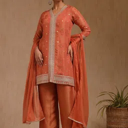Soch Embroidered Woven Design Sequinned A-Line Kurta with Palazzos & Dupatta image 5