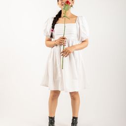 MONOMEE Square Neck Puff Sleeve Fit and Flare Cotton Dress-image-45