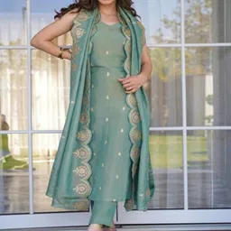 JAPNAAM Women Floral Embroidered Kurta with Trousers & Dupatta-picture-55