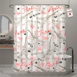 Aura 5Pc White & Pink Eiffel Tower Printed Water-Repellant Shower Curtains With 12 Hooks-0
