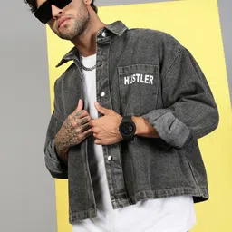 VOXATI Men Grey Solid Relaxed Faded Oversized Denim Casual Shirt-picture-14