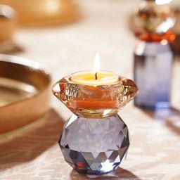 Pure Home and Living Brown & Blue Cut Glass Crystal Candle Holder-picture-0