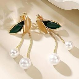 EL REGALO Pearls Beaded Leaf Shaped Enamelled Drop Earrings-picture-34