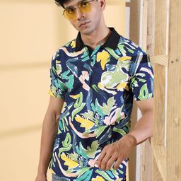 Rigo Floral Printed Polo Collar Cotton T-shirt-image-24