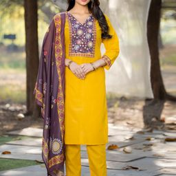 Wedani Floral Printed Sequinned V-Neck Pure Cotton Straight Kurta With Trousers & Dupatta-picture-54