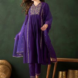 Sangria Women Embroidered A-Line Kurta Trousers & Dupatta-11