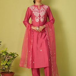 Indo Era Women Floral Embroidered Kurta with Trousers & Dupatta-picture-20