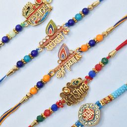 MEIRA JEWELLERY Pack Of 5 Beaded Studded Rakhi Gift Set-image-34