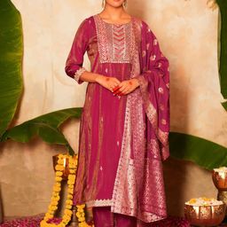 Sangria Purple Floral Embroidered Poly Chanderi Straight Kurta With Trousers And Dupatta-picture-5