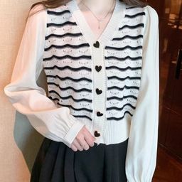 KPOP Women Striped V-Neck Long Sleeves Cardigan Sweater-image-73