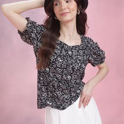 DressBerry Floral Print Sweetheart Neck Monochrome Top-image-69