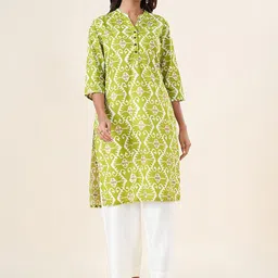 RANGMANCH BY PANTALOONS Geometric Printed Mandarin Collar Pure Cotton Straight Kurta-picture-32
