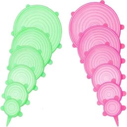 Set of 12 Pcs Green & Pink Silicones Stretch Lids, Zero Waste Reusable Silicons 5.7 inch Lid Set-14