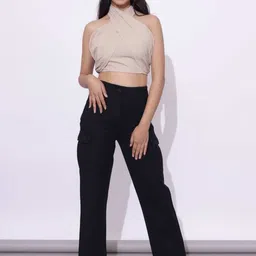 Mlada Women Flap Pocket Mid Rise Relax Fit Stretchable Denim Cargo Pants-image-86