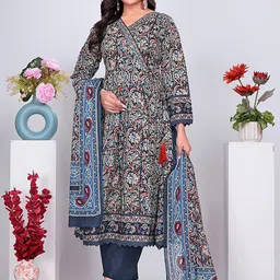 Pionex Floral Printed V-Neck Pure Cotton Kurta With Trousers And Dupatta-picture-15