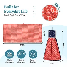 Kuber Industries 2Pcs Red & White Printed Towels & Wash Basin Napkin Set image 4