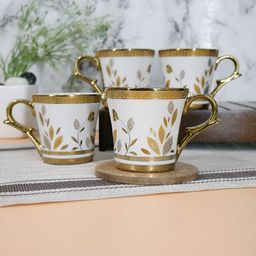 Femora White & Gold-Toned 4 Pieces Printed Ceramic Glossy Coffee & Tea Cup-0