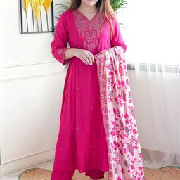 Lilots Women Floral Embroidered Regular Sequinned Chanderi Silk Kurta with Trousers & With Dupatta-18