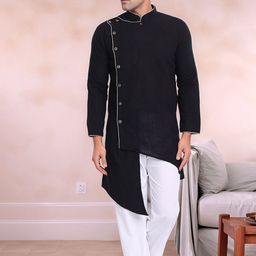 Moda Rapido Mandarin Collar Angrakha Pure Cotton Kurta With Pyjamas-image-78