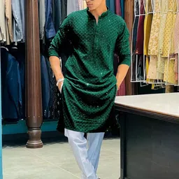 KURTAFORMEN Men Chikan Embroidery Straight Kurta (Green)-image-97
