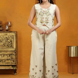 COTTON CULTURE Embroidered Round Neck Pure Cotton Waistcoat With Palazzo-image-60