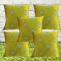Pink Parrot Green & Gold-Toned Set of 5 Ethnic Motifs Square Cushion Covers-image-9