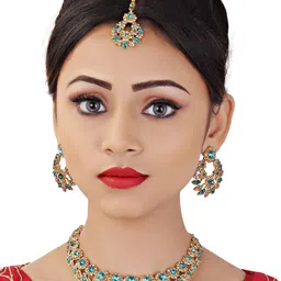 VATSALYA CREATION Alloy Blue Jewellery set With A pair of Earing & Manng Tika-image-11