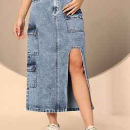 The Roadster Lifestyle Co Straight-Fit High-Rise Clean-Look Cargo Denim Midi Skirt-image-70