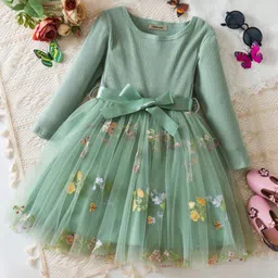 INCLUD Girls Striped Embroidered Round Neck Fit & Flare Dress-image-18