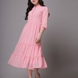 BAESD Women Self Design Puff Sleeve Fit & Flare Midi Dress-image-76