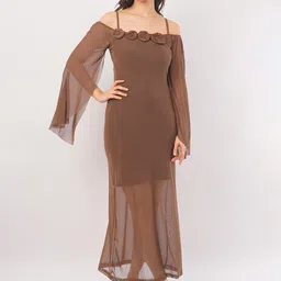 Deshi Girl Women Shoulder Straps Slit Sleeve Applique Net Maxi Dress-picture-1