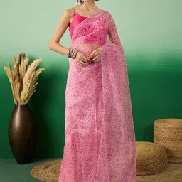 Inddus Floral Printed Organza Saree-image-30