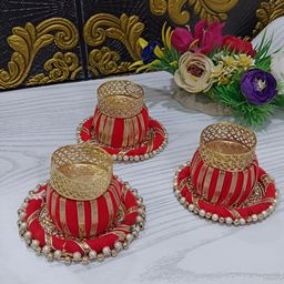 Sellplus 3Pcs Red & Yellow Textured Dholak T-Light Candle Holders-image-86