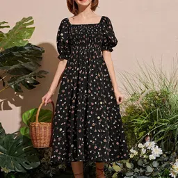 YK Girls Floral Printed Smocked Fit & Flare Midi Dress-image-43