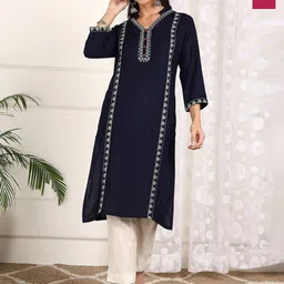 Moda Rapido Selection Of 2 Floral Embroidered Notch Neck Pure Cotton Sleeves Kurtas-picture-48