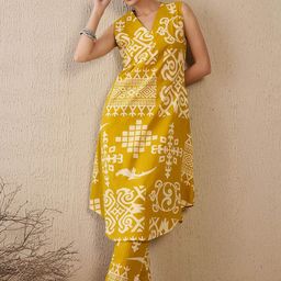 Indo Era Women Ethnic Motifs Printed Regular Pure Cotton Kurta with Trousers-picture-13