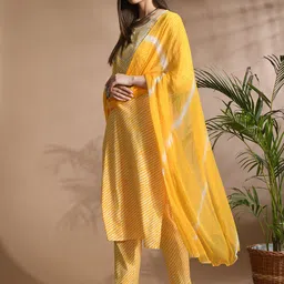 KALINI Leheriya Printed Thread Work Pure Cotton Straight Kurta with Trouser & Dupatta image 5