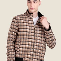 Leather Retail Men Mock Collar Checked Lightweight Woollen Bomber Jacket-image-91