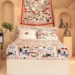 MYTRIDENT White & Blue Ethnic Motifs 400 TC King Bedsheet with 4 Pillow Covers-image-30
