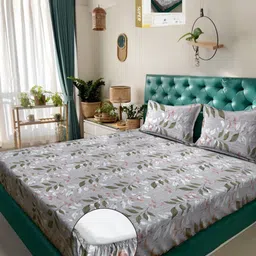 KLOTTHE Grey Floral 400 TC Pure Cotton Fitted Double Bedsheet in Book Fold Packing-picture-39