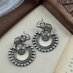 NAMAN ARTS Silver-Plated Artificial Stones Studded Oxidised Contemporary Drop Earrings-2
