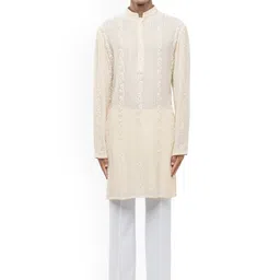 SDS By Kushal Shah Lucknowi Embroidered Mandarin Collar Georgette Kurta With Trousers-image-38