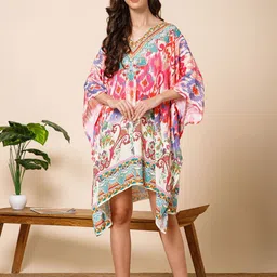 Aditi Wasan Ethnic Motifs Print Kimono Sleeve Satin Kaftan Midi Dress-image-9