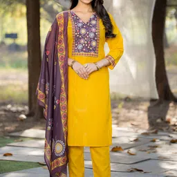 Moda Rapido Yellow Ethnic Printed Pure Cotton Straight Kurta with Trousers & Dupatta-40