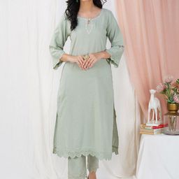 zuri Women Embroidered Regular Pure Cotton Kurta with Trousers-picture-36
