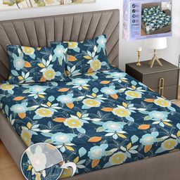FABINALIV Blue & Yellow Floral 300 TC King Bedsheet with 2 Pillow Covers-picture-13